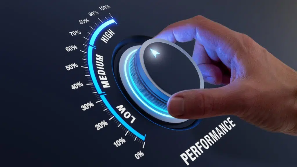 High-performance optimization graph showing growth, sales, revenue, and productivity from 0 to 100%