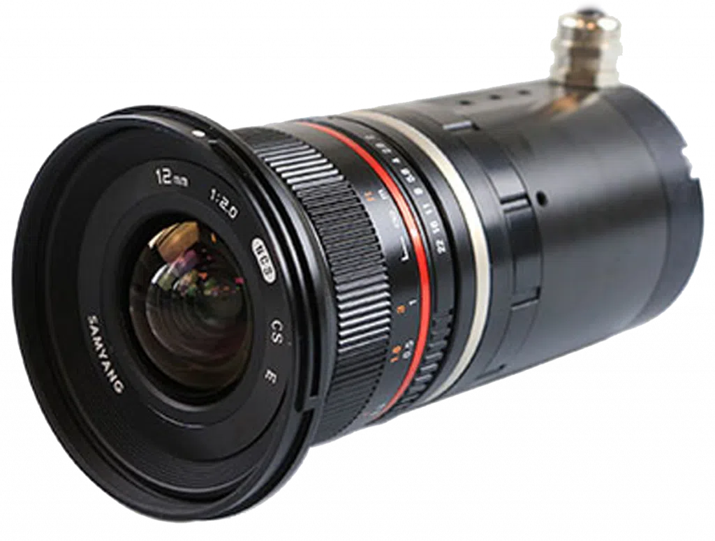A detailed view of a Samyang 12 mm f/2.0 CS lens used in LaVision's optical imaging and machine vision systems