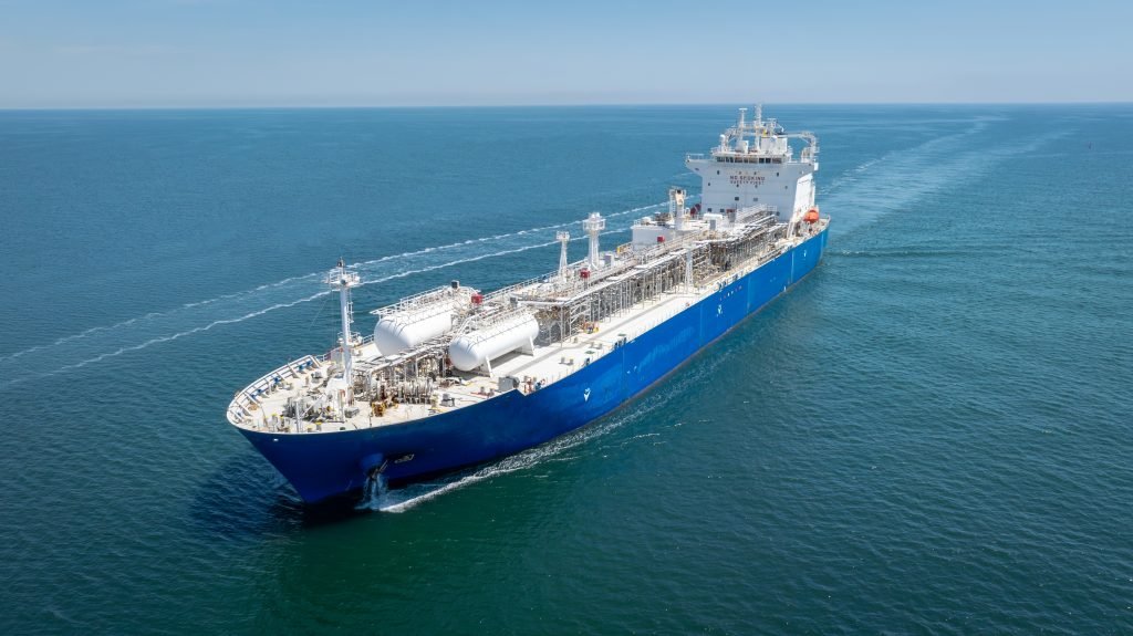 Aerial view of LPG gas carrier ship for industrial ammonia transport and process analysis