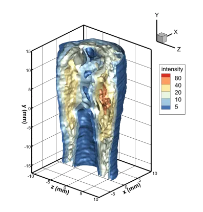Bunsen flame labeled for hydrogen combustion analysis using LaVision optical measurement technology