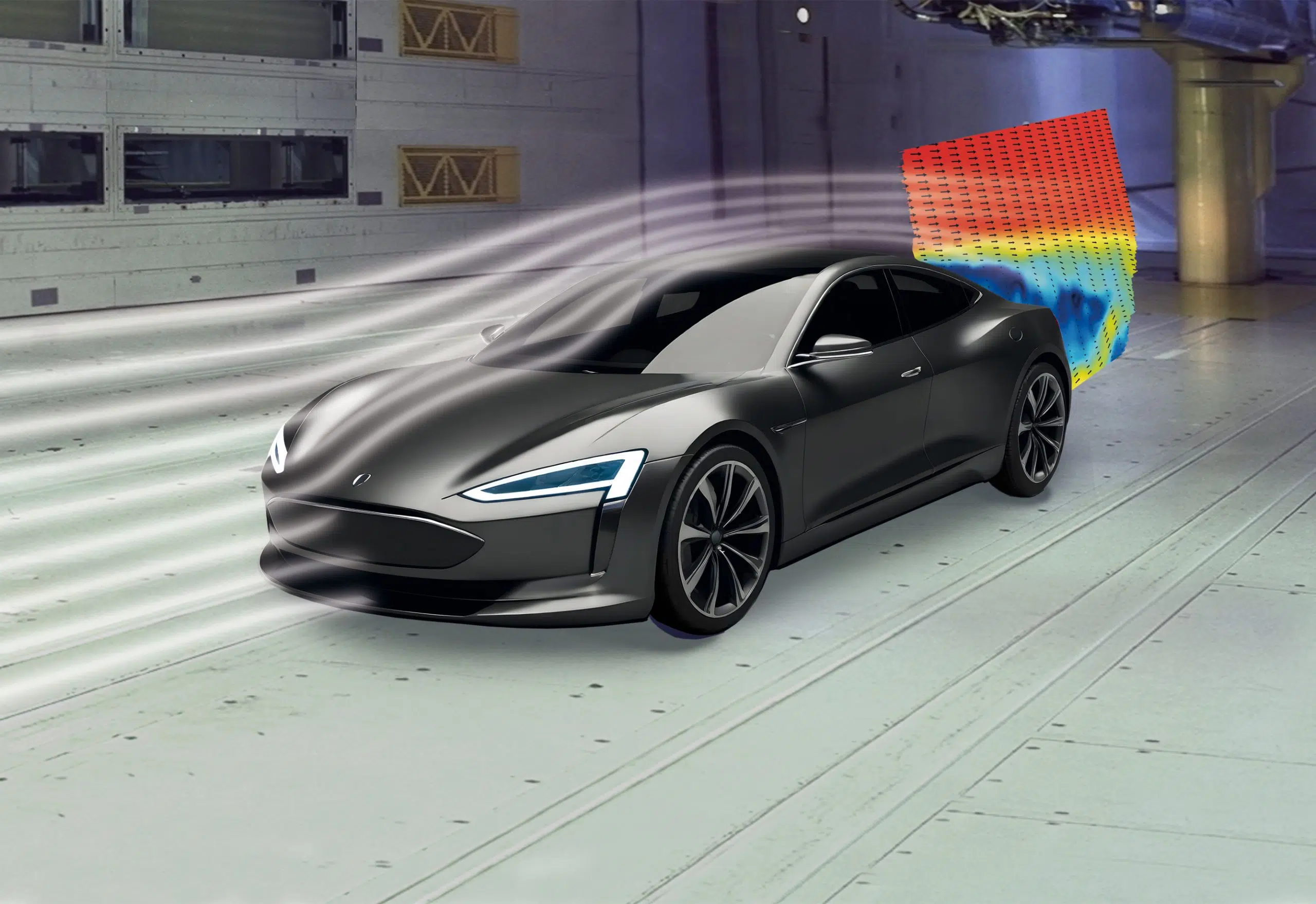 Scientific visualization of airflow distribution over a vehicle using LaVision's optical measurement systems.