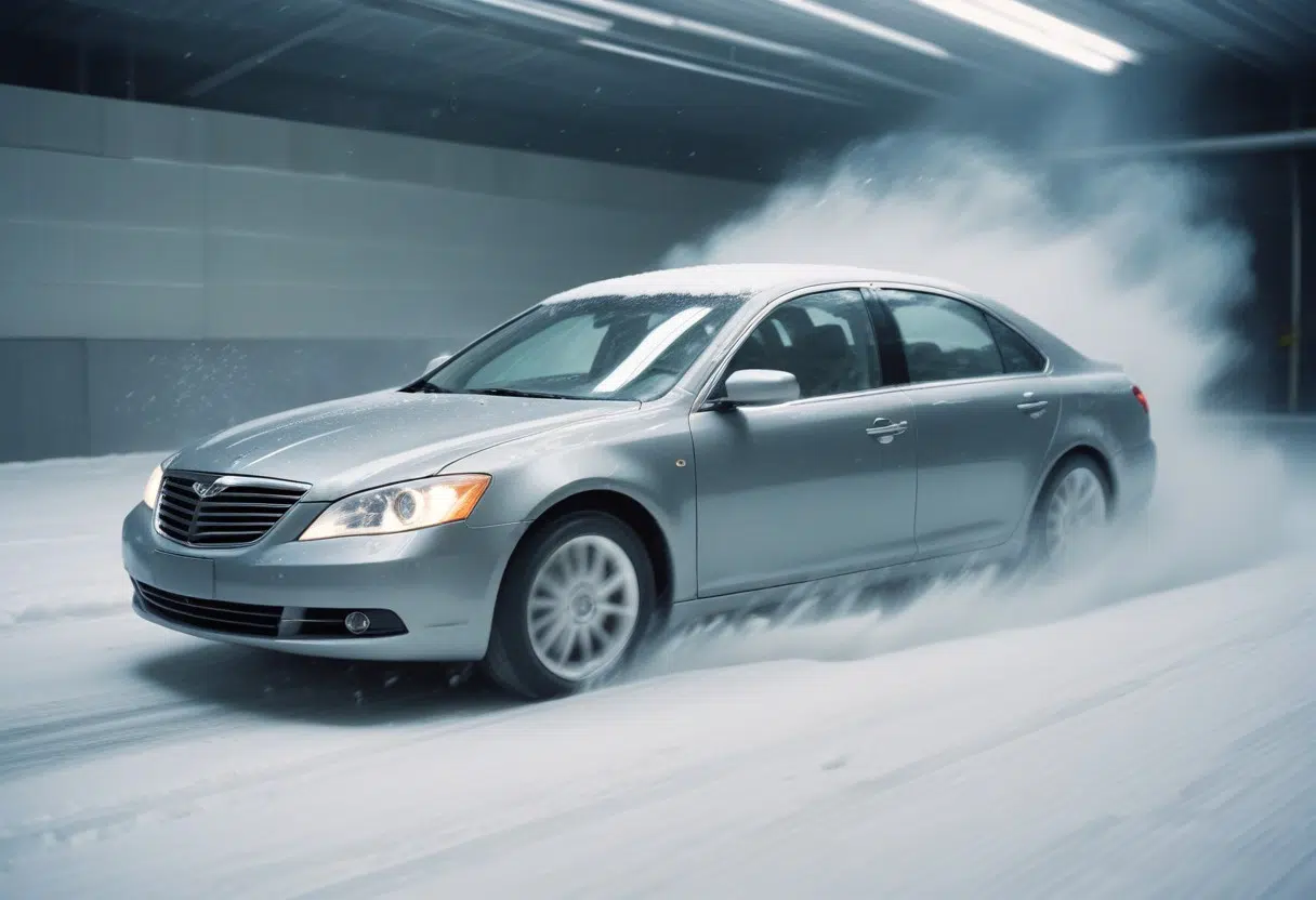 Luxury sedan in aerodynamic and optical measurement testing using LaVision automotive technology.