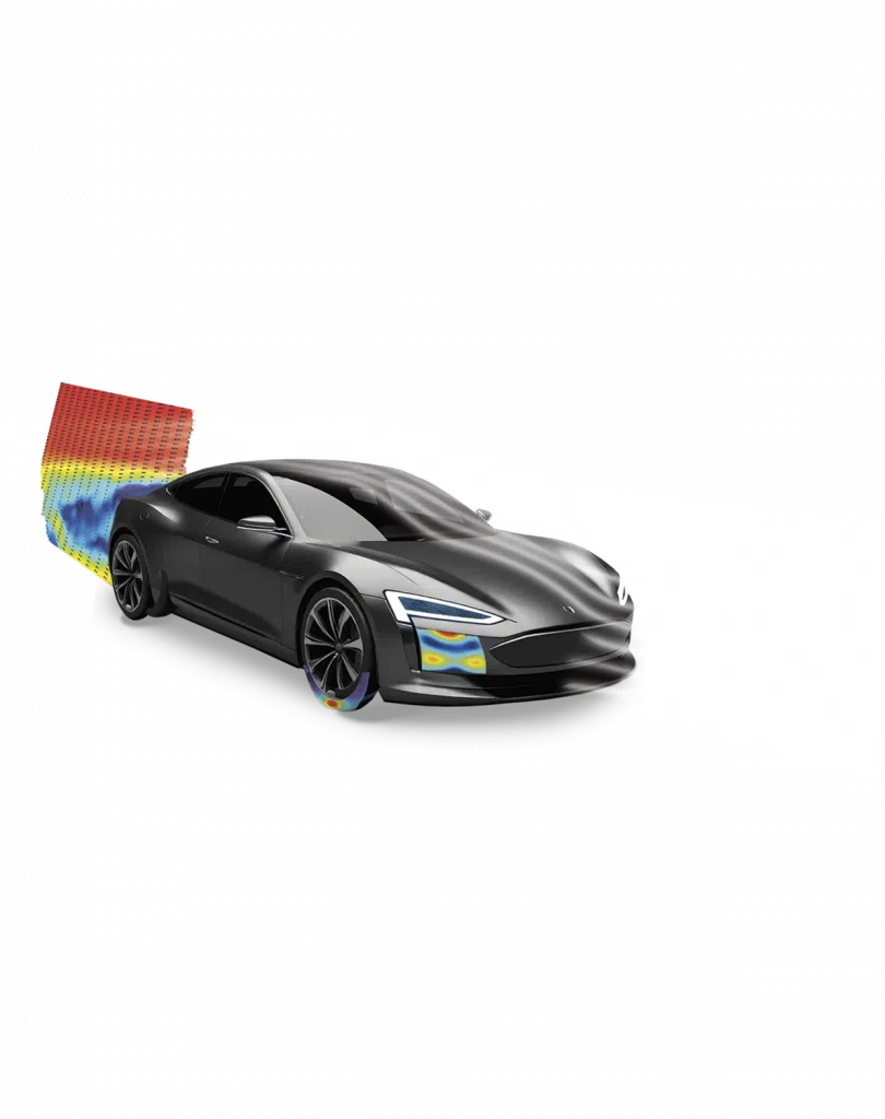 Scientific visualization of airflow distribution over a vehicle using LaVision's optical measurement systems.