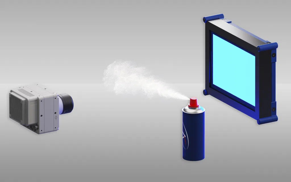 Spray pattern imaging setup with LaVision camera and LED backlight