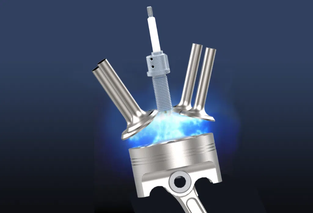 Cross-section diagram of a hydrogen internal combustion engine showing thepiston, spark plug. valves, and a blue glow representing hydrogen combustion/flame propagation