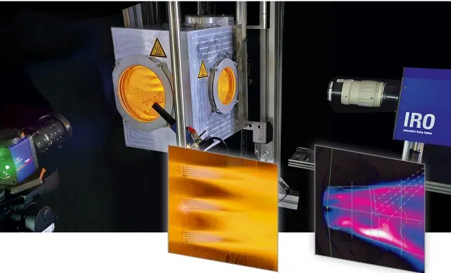 High-temperature combustion test setup with LaVision IRO camera and optical diagnostics for NOx and flame analysis.