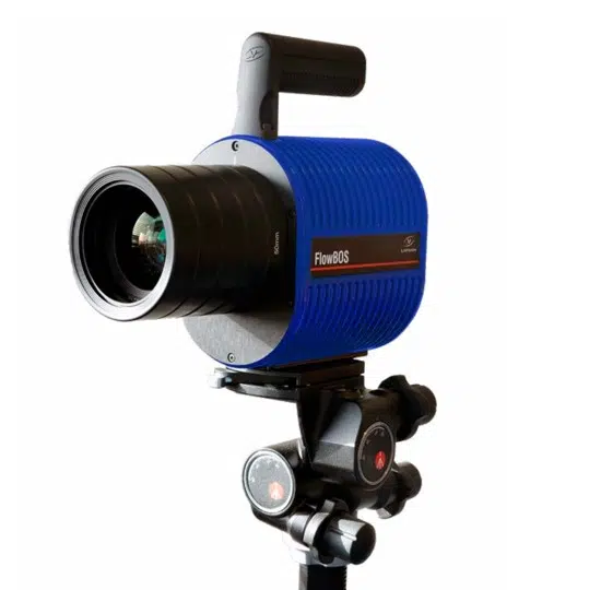 A close-up of LaVision's FlowBOS device, designed for quantitative gas and airflow visualization. The compact optical system integrates high-sensitivity cameras and laser-based illumination to capture fine flow structures with accuracy and reliability. Ideal for research and industrial applications in aerodynamics, combustion, and environmental analysis.