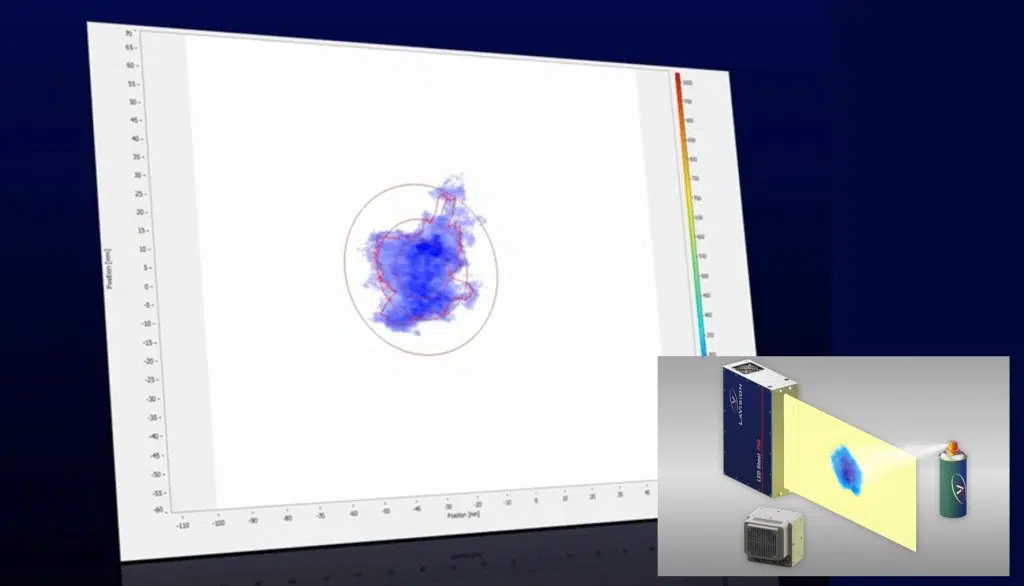 Digital image of precisely measured spray pattern, highlighting uniformity and geometry for industrial quality control using LaVision SprayMaster technology.